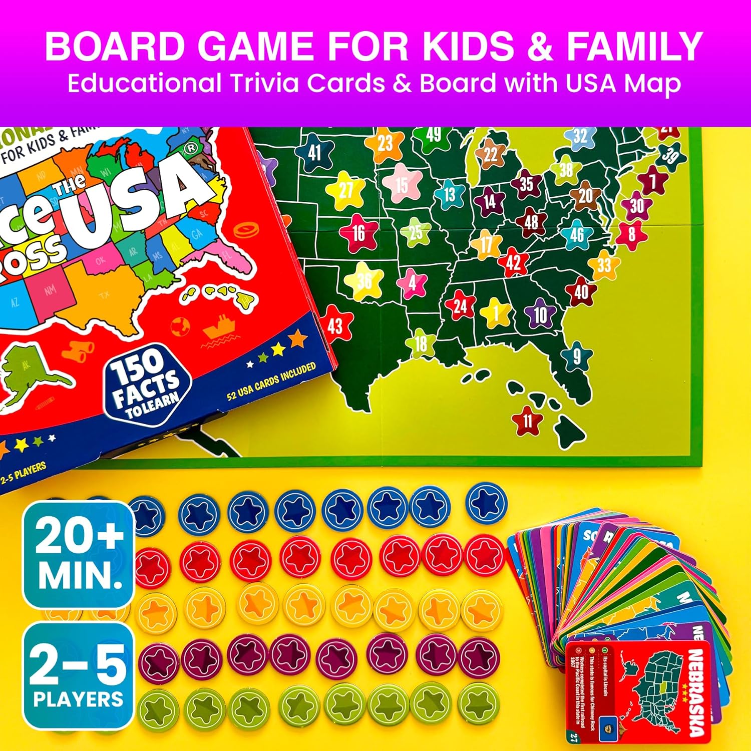 Quokka Board Game for Kids Ages 8-12 - Learn US States, Capitals, Landmarks Trivia Game for Kids
