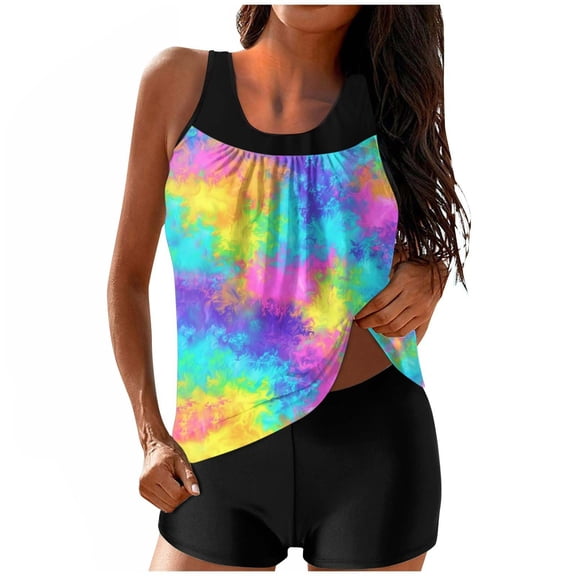Jsaierl Womens 2 Piece Tankini Swimsuits High Waisted Summer Cute Print Push Up Swimwear Athletic Modest Beachwear with Pants Tankini Bathing Suits S-2XL