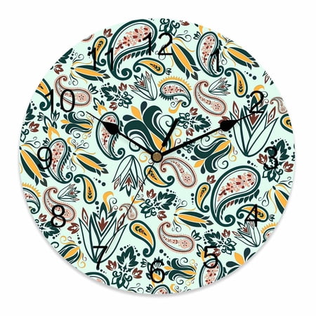 Wall Clock 14 Inch Abstract Vintage Paisley Round Silent Decorative Wall Clocks Battery Operated for Living Room Bedroom Kitchen Classroom Decor, Boho Floral Texture Light Green,Large