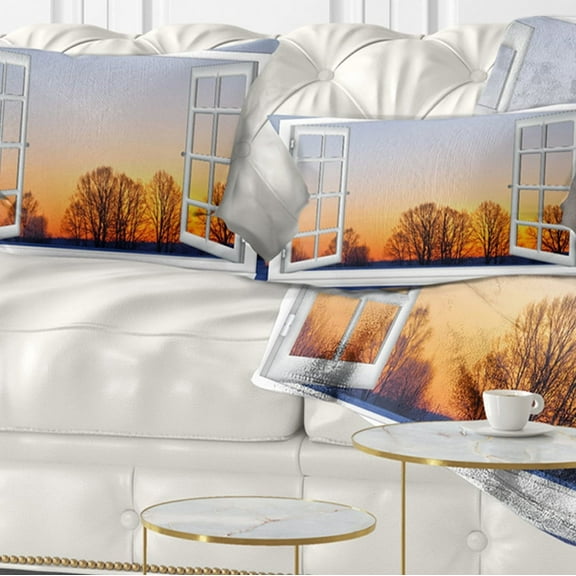 Designart Window to Sunset over the Snow - Landscape Wall Throw Pillow - 12x20