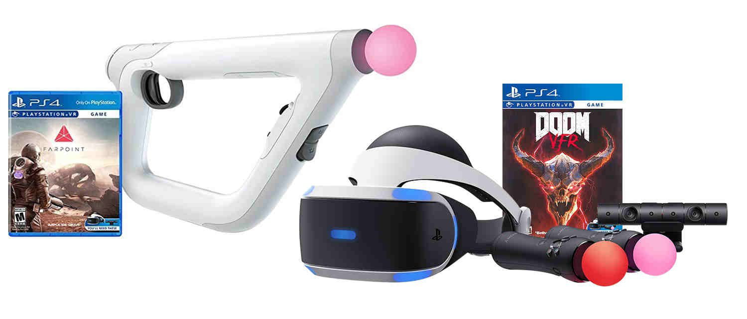 PS4 Shooter Bundle (5 Items): VR Headset, Farpoint Aim Controller Bundle, PSVR Doom Game, Playstation Camera, and 2 Move Motion Controllers