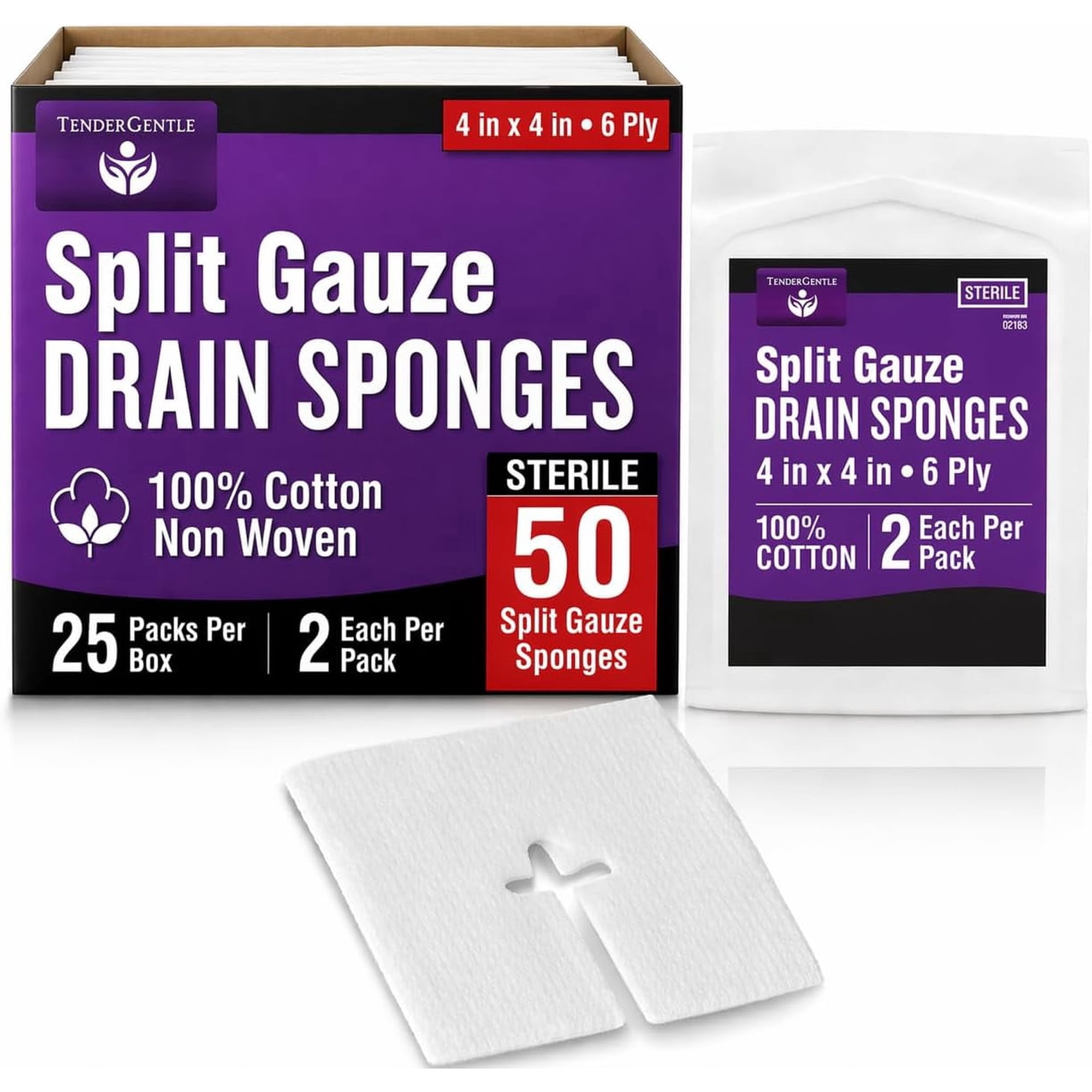Tender Gentle Split Gauze Sponges 4x4 Sterile [50 ct.] 6 Ply Feeding Tube Pads - Drain Sponges for Catheters, IVs, Tracheostomy, and G Tubes