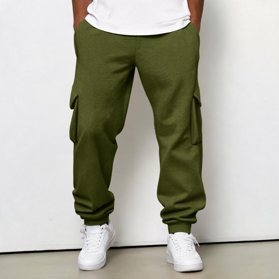 Dwelliawo Fleece Cargo Sweatpants for Men Open Bottom Cotton Joggers Casual Drawstring Loose Fit Heavyweight Pants with Pockets Army Green L