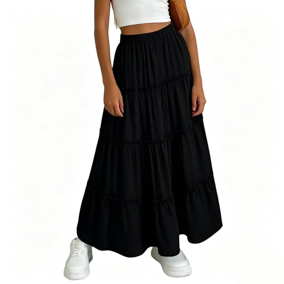 Wxolcjlv Womens Tiered Maxi Skirt Ruffle Elastic Waist Flowy Skirts