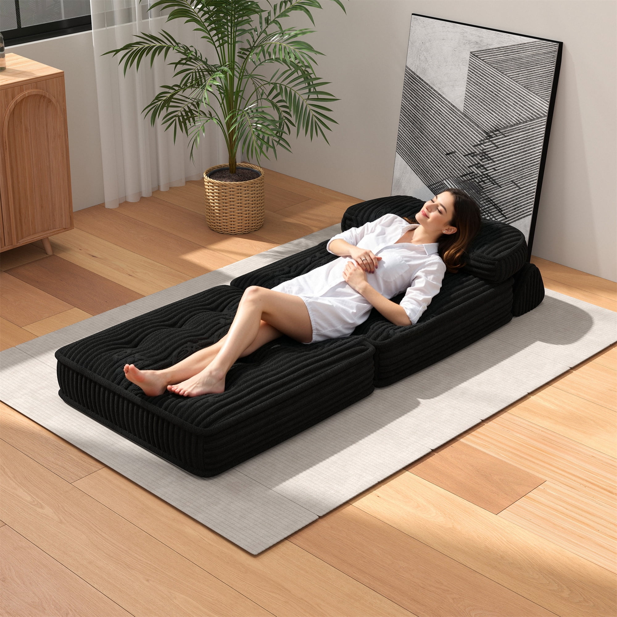 Aukfa Tufted Futon Convertible Folding Sofa Bed with Back Support, Twin Size, Corduroy, Black