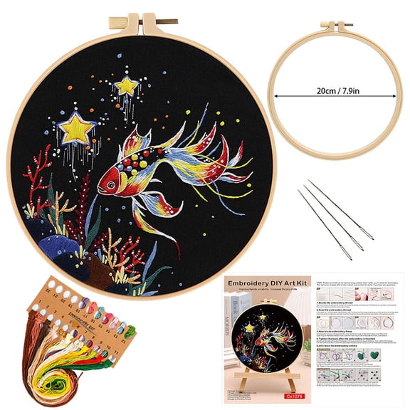 Embroidery Kit for Beginners Goldfish Cross Stitch Craft Kit for Adults with Pre-Printed Embroidery Fabric, Hoops, Step-by-Step Instructions, Color Threads & Needles (Pink)
