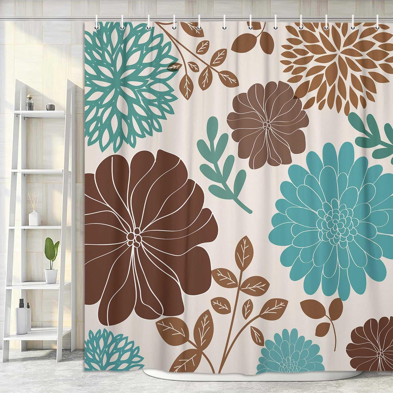Boho Teal and Brown Floral Shower Curtain, Turquoise and Tan Flower Shower Curtain for Bathroom, Aqua Blue Bohemia Art Aesthetics Bathroom Decor Shower Curtain Set with 12 Hooks, 72X72in