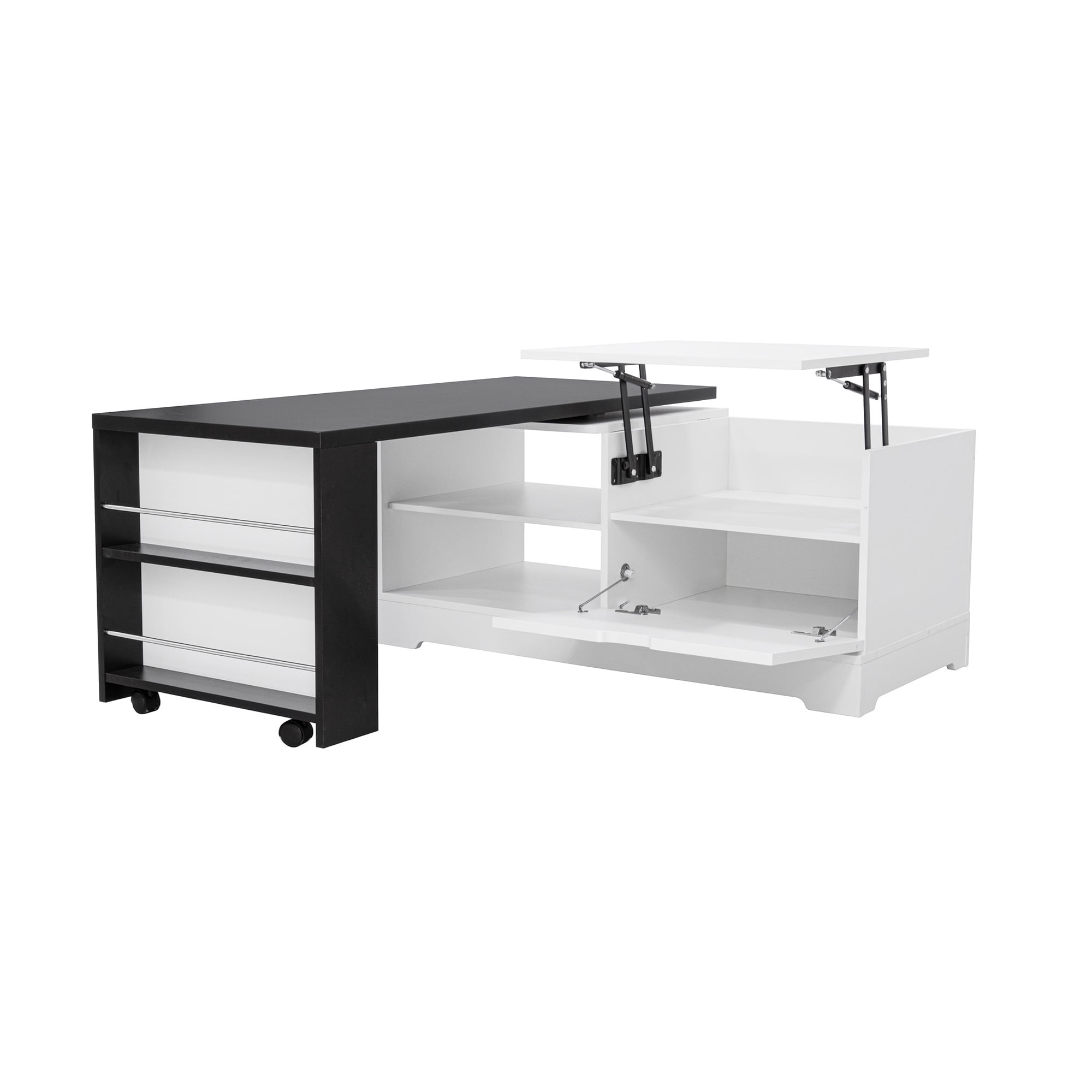 Leumius Lift Top Coffee Table with Storage,Rectangle Wood Center Table With Barn Doors and Open Cabinet, For Living Room, Bedroom, Home Office,White+Black