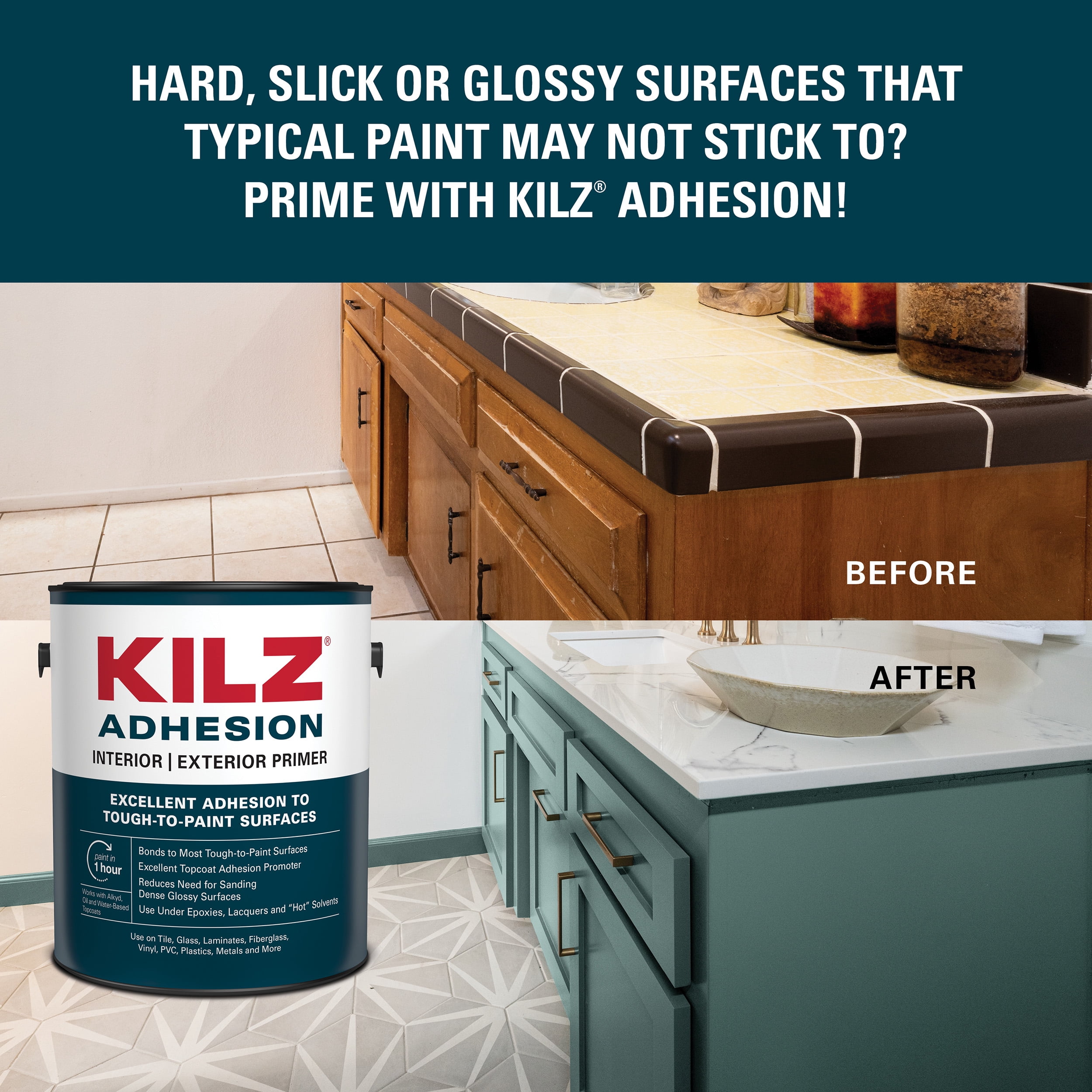 KILZ Adhesion Interior/Exterior Water-Based Bonding Primer, 1 Quart