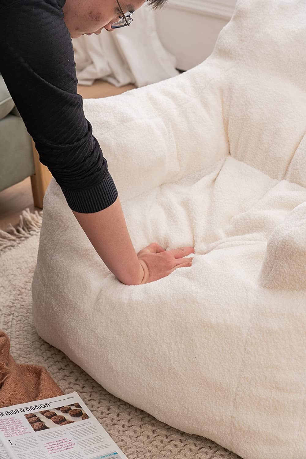 Sumdeal Soft Tufted Foam Bean Bag Chair For Adults, Fluffy Lazy Sofa Teddy Fabric Bean Bags Comfy Couch, Stuffed Bean Bag Sofa Reading Chair Lounge Chair for Bedroom, Living Room, Apartment, Ivory
