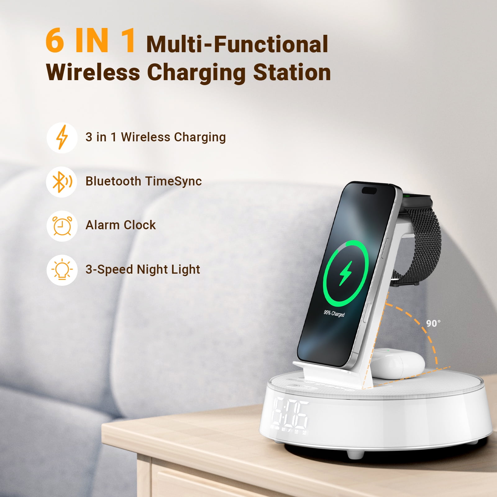 7-in-1 Wireless Charging Station For iPhone, Apple Watch, AirPods & Bluetooth Speaker Alarm Clock Dimmable Night Light White