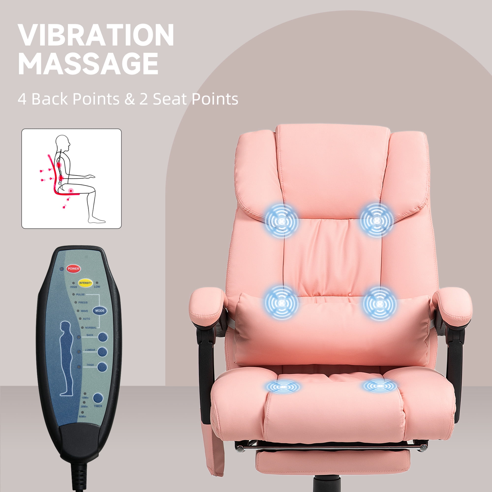 Vinsetto High Back Vibration Massage Office Chair with 6 Points, Height Adjustable Reclining Office Chair with Retractable Footrest and Remote, Pink