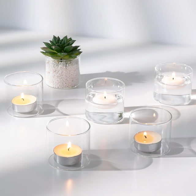 Portavelas de Luz de Té Transparentes: Set de 12 Portavelas de Vidrio - Pequeños Portavelas Flotantes para Decoración de Boda, Cumpleaños y Fiestas (5.7X 5cm)