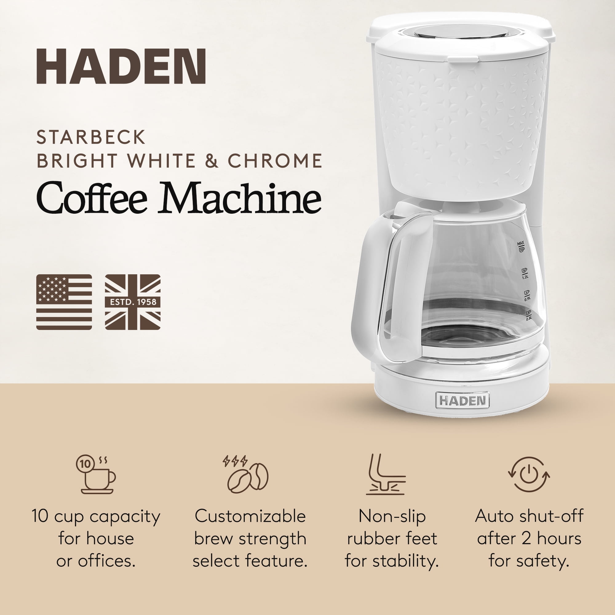 Haden Starbeck Coffee Machine, 10 Cup Auto Coffee Maker, White & Chrome