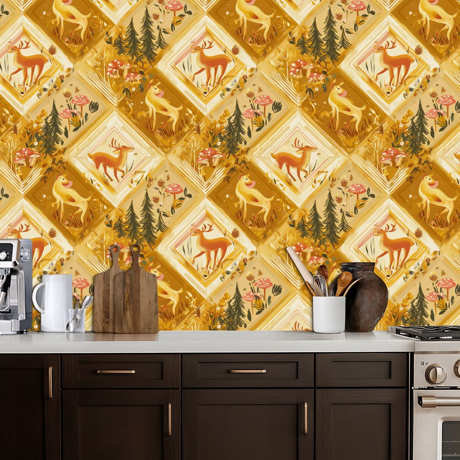 Hunt Peel and Stick Wallpaper 17.7in x 9.8ft Whimsical Forest Animals Deer Dog Mushrooms Golden Contact Paper Vinyl Waterproof Self Adhesive Wall Paper for Bedroom Shelf Cabinet Renter Friendly