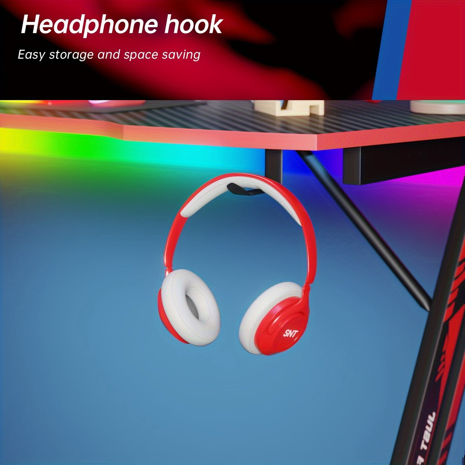 47" Gaming Desk Z Shaped Gaming Desk Large Home Office Desks PC Computer Desk Workstation Study Desk Table Ergonomic Gamer Desk Wood Writing Desk with Headphone Hook for Game Player, Red
