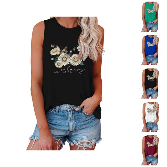 Tank Tops for Women Cute Daisy Graphic Loose Fit Crewneck Sleeveless Shirt Summer Casual Tanks