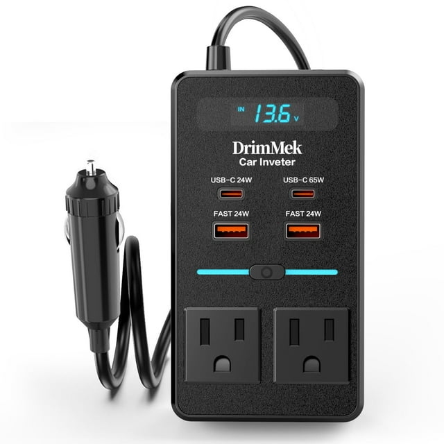 300W Car Power Inverter - Dual DC to AC Plug Adapter Outlets, 65W USB-C Fast Charging, 24W USB-C & 3.0 USB-A Ports, Portable Car Charger with Switch Control Converter for Laptops, Phon