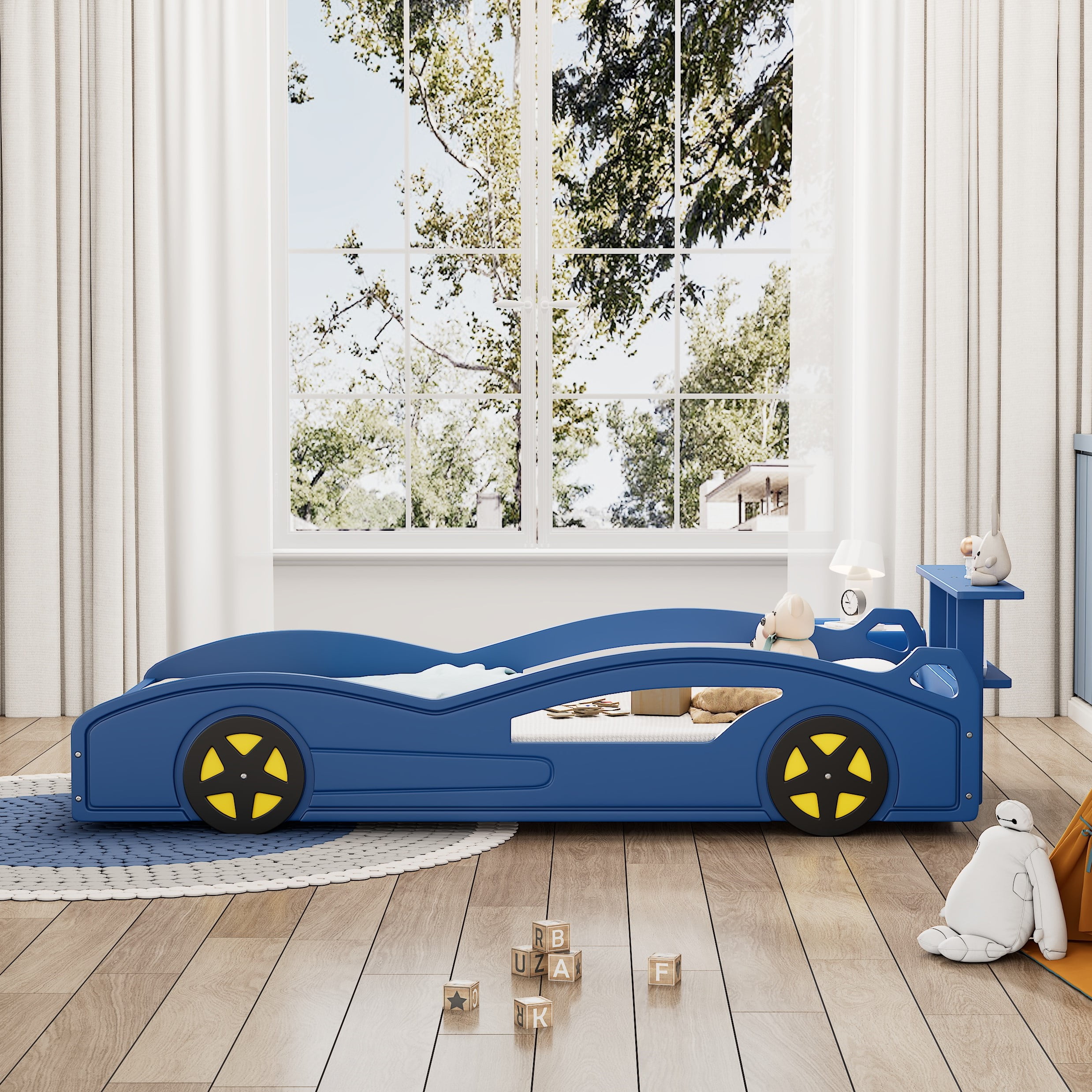 Wooden Race Car Bed, Car-Shaped Platform Twin Bed with Wheels For Teens, Blue & Yellow