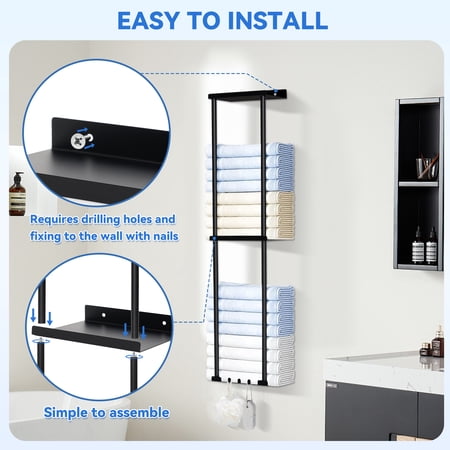 Towel Racks for Bathroom HONEIER 3 Tier Towel Holder with Shelf & 6 HooksWall Mounted Vertical Rolled Towel Storage Organizer Holder Towel Shelf Organizer for Toilet, Black
