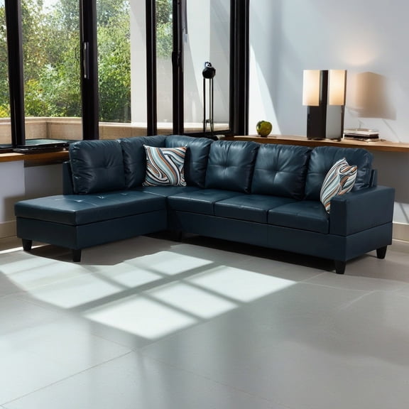 Hommoo 4-Seat Semi Semi PU Synthetic Leather Sectional Sofa Sets, L Shaped Sectional Couches and Sofas, Modern Living Room Furniture Sets, 17.5'' Back Height, Peacock Blue(No Ottoman)