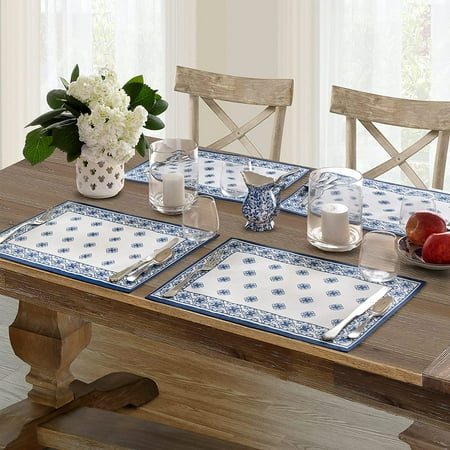 

Newbridge Mykonos Blue Mediterranean Tile Bordered Fabric Placemats - Blue Medallion Print Indoor/Outdoor Stain Resistant No-Iron Fabric Placemats Set of 4 Placemats