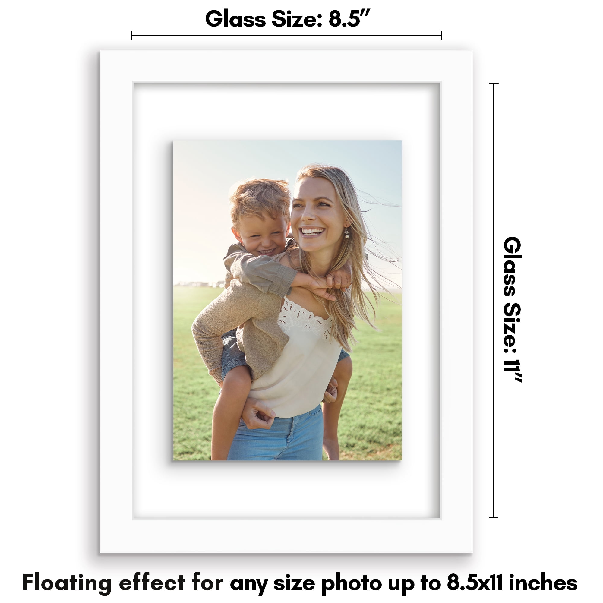 Americanflat 8.5x11 Picture Frame Floating Polished Crystal Clear Glass Display Photo Signature Float - White
