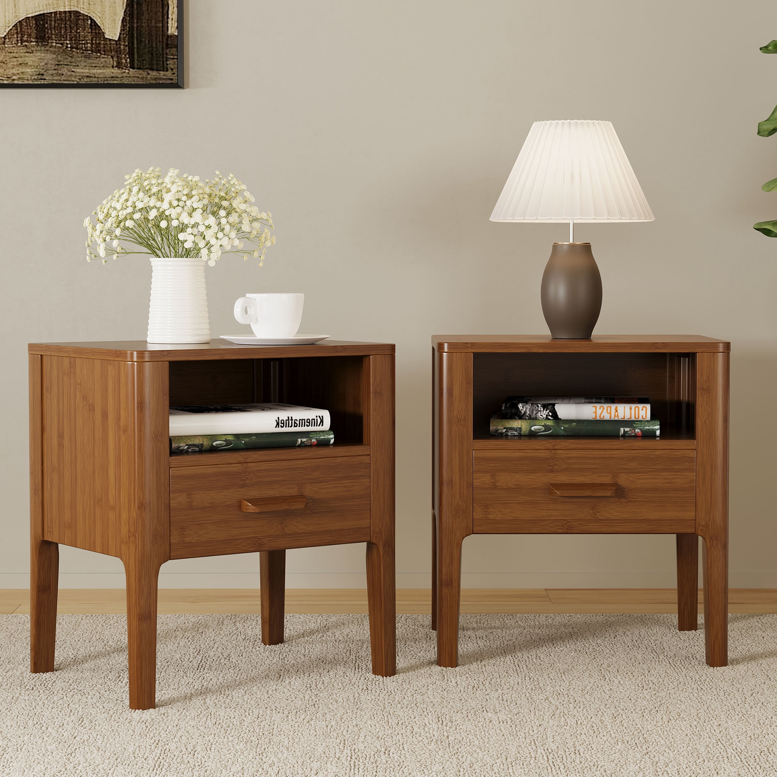 Euroco Mid-Century Modern Nightstand with Drawer, 22.5" Tall Bamboo Wood Bedside Table End Table with Open Shelf for Bedroom, Living Room,Brown