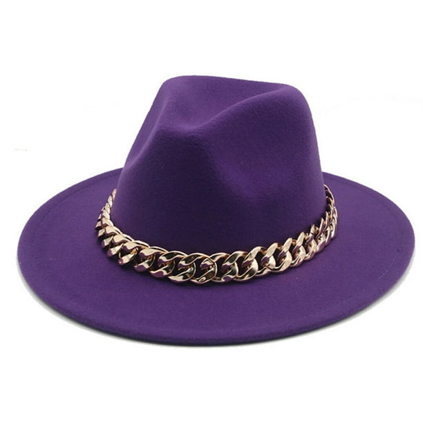 Qarigey Sombreros Fedora Unisex, tejido de ala ancha, collar de oro cálido, gorro de lana, cadena de cono de Color sólido, sombrero grueso de Sombreros Violeta