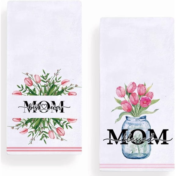 Blssed Mom Tulip Mason Jar Kitchen Dish Towel 18 x 26 Inch Set of 2, Happy Mother''s Day Spring Summer Floral Tea Towels Gift Dish Cloth for Cooking Baking