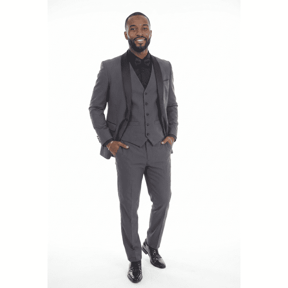 Charcoal 3-Piece Shawl Lapel Tuxedo Suit, Vest & Expandable Pants - Charcoal, Size 34 Short