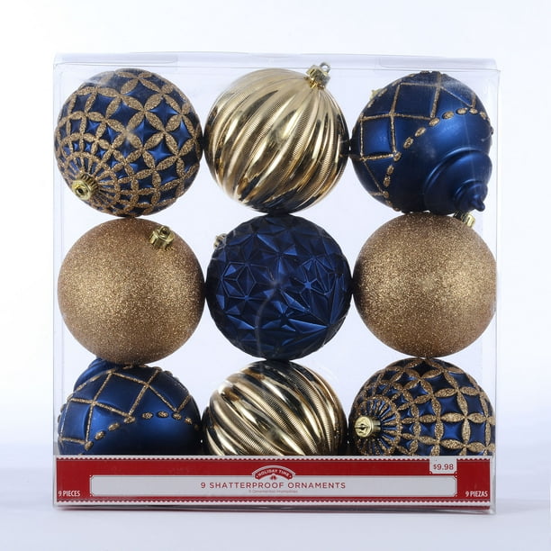 Holiday Time Shatterproof Ornaments, Navy Blue & Gold, 9