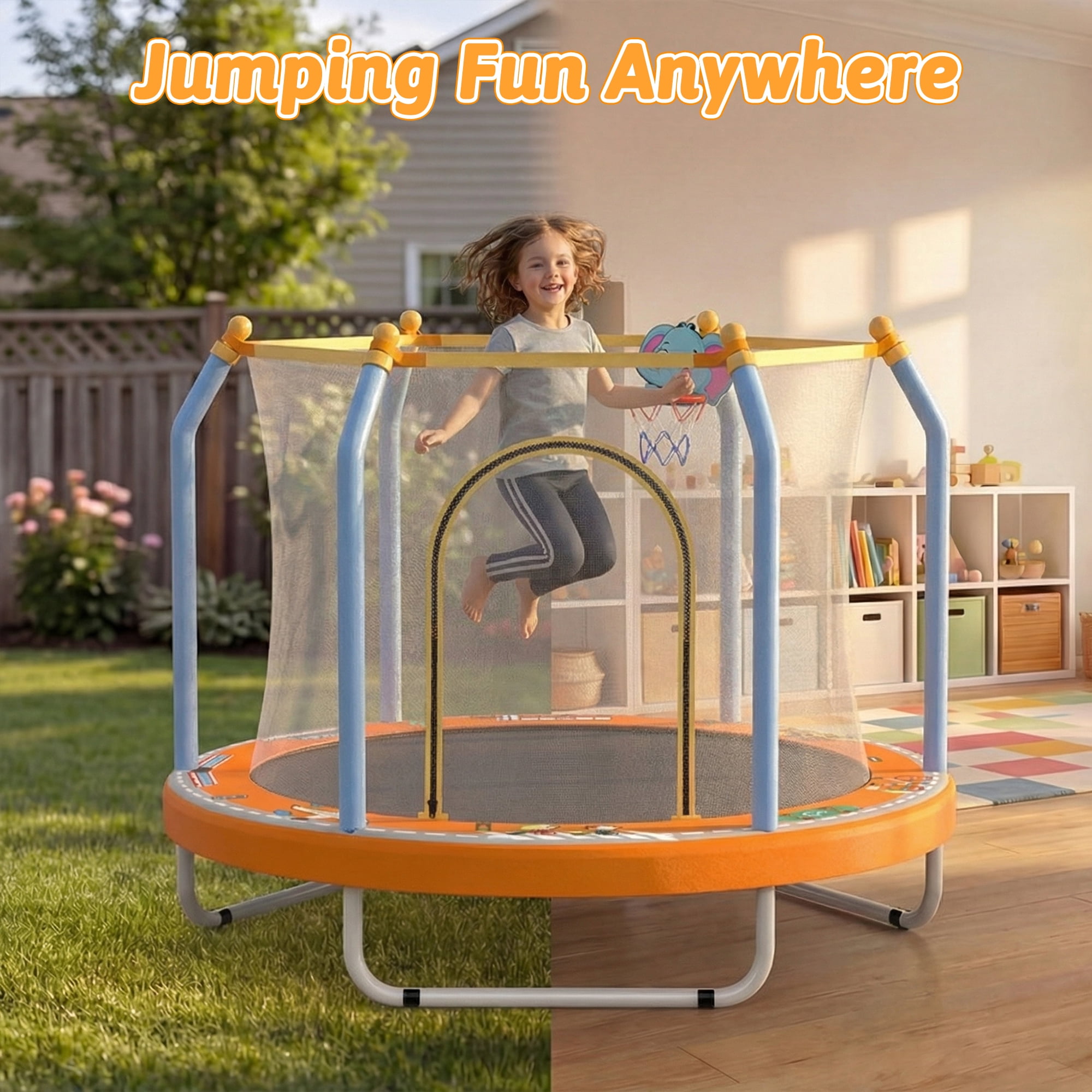 Mersco 55inch Kids Trampoline with Safety Enclosure Net, Indoor and Outdoor Toddler Trampoline with Basketball Hoop, Mini Trampoline for Baby BirthdayToys Gifts , Multicolor