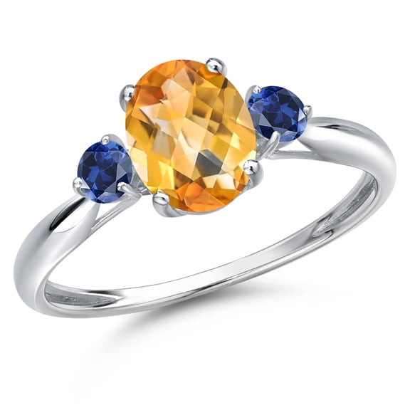 Gem Stone King 10K White Gold Yellow Citrine and Blue Created Sapphire 3-Stone Ring for Women | 1.53 Cttw | Oval Checkerboard 8X6MM | Gemstone November Birthstone | Size 8