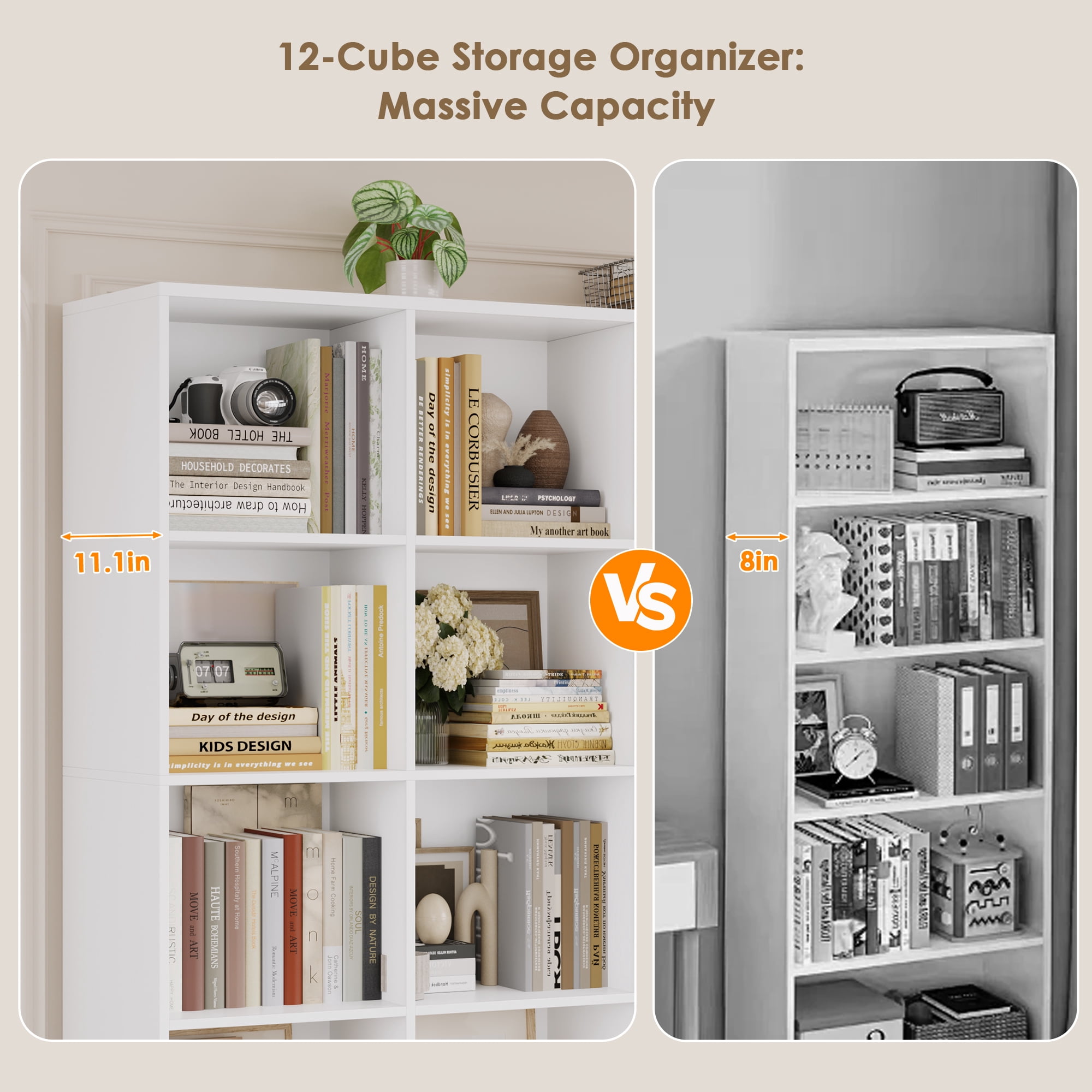 Hiphuta Triple Row 4-Tier Bookcase with 12 Cubes, 69" Tall Large Bookcase with 3 Drawers, for Office Living Room, White