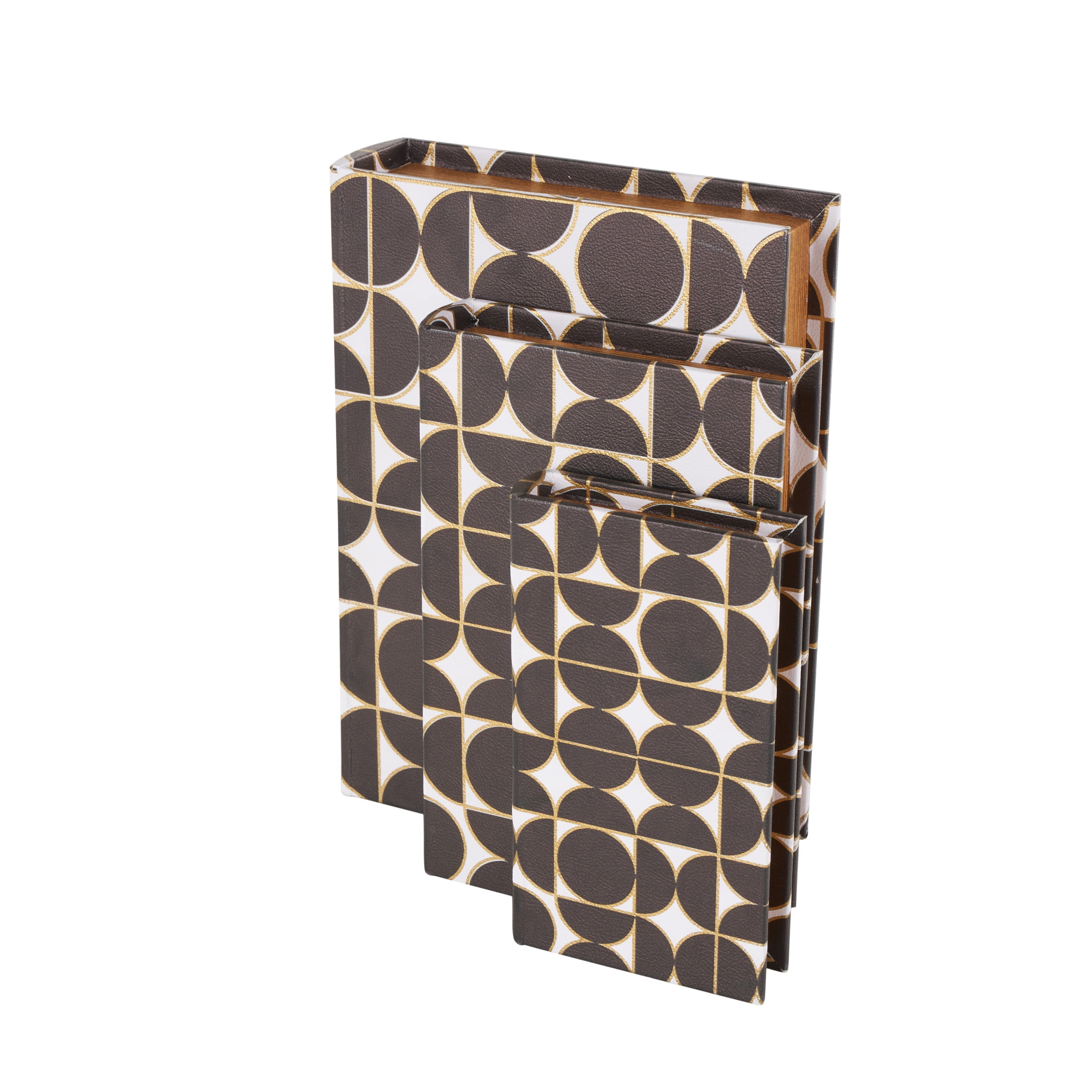 DecMode Faux Book Storage Black Faux Leather Decorative Box with Circle and Semi-Circle Pattern, 3 Count