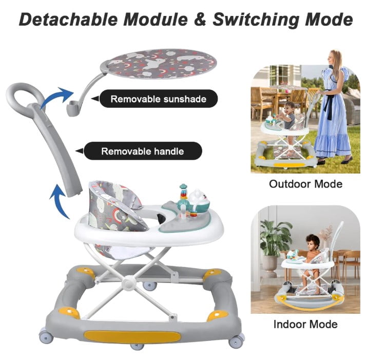 LHUAI 6-in-1 Baby Walker With Wheels, Bouncer, Removable Footrest, Feeding Tray & Music, Foldable & Adjustable Activity Walker For Boys And Girls, Toddler Infant, Grey