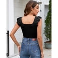 thumbnail image 4 of Womens Ruffle Short Sleeve Bodysuit Square Neck Jumpsuits Elastic Ribbed Tops, 4 of 5