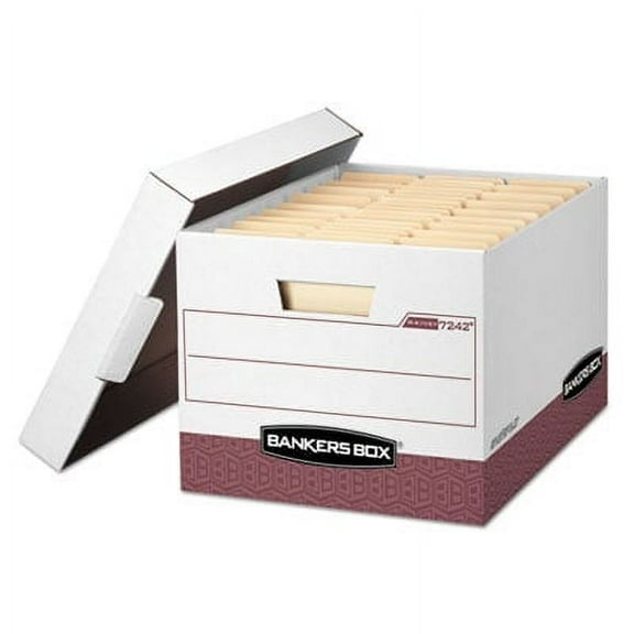 Bankers Box 07242 R-KIVE Max Storage Box, Letter/Legal, Locking Lid, White/Red 12/Carton