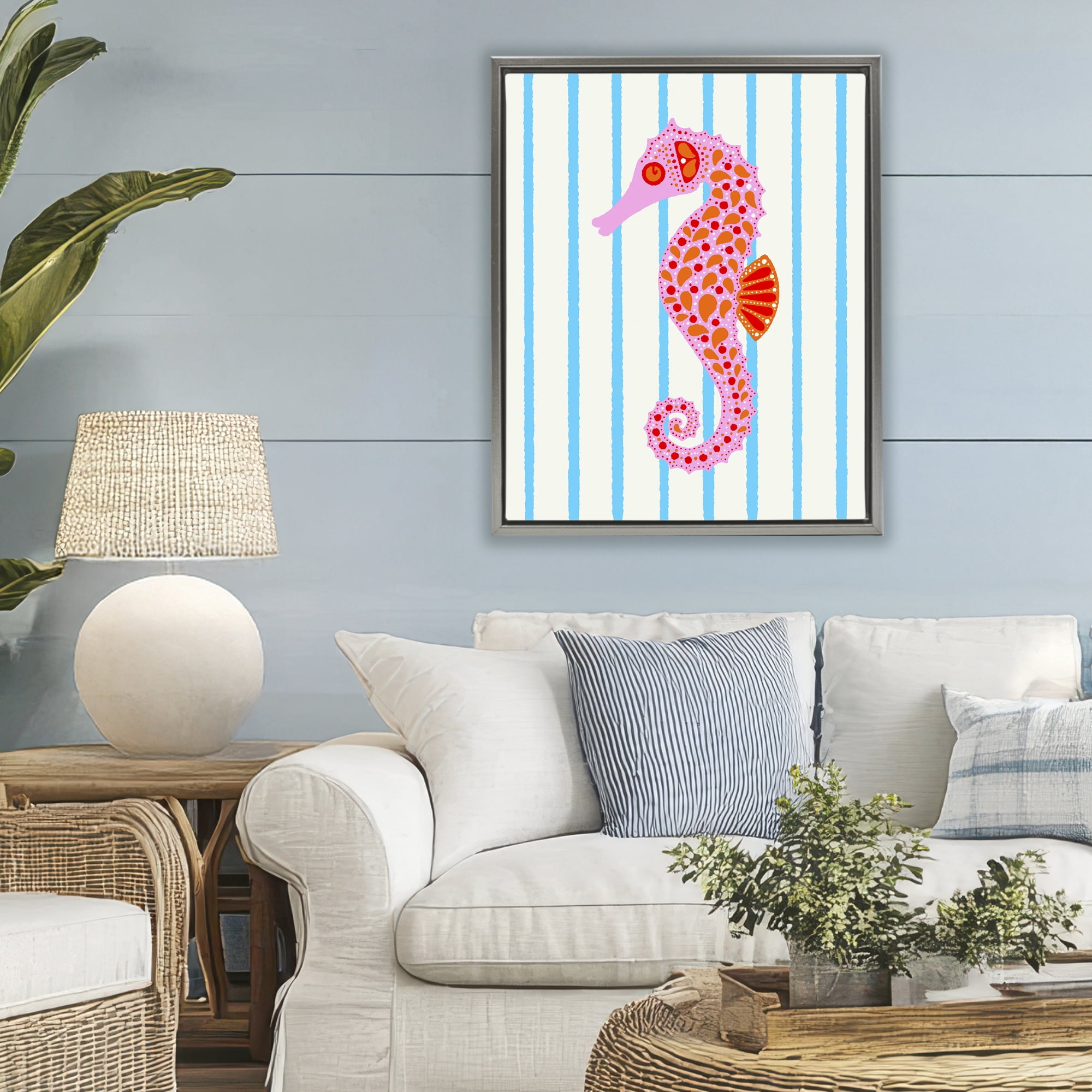 Stupell Industries Boho Seahorse on Stripes Gray Framed Floater Canvas Wall Art, design by Indira Prieto | IndySign