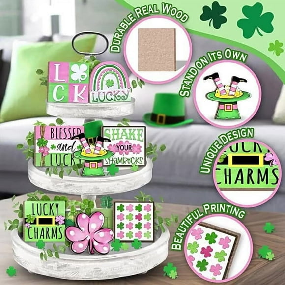 Yhmxh St Patricks Day Decorations,Party Decorations St. Patrick's Day Layered Tray Decoration Green Farmhouses Luckyly Clovers Home Party Tray Decoration Luckyly Clovers Rural Spring Decoration