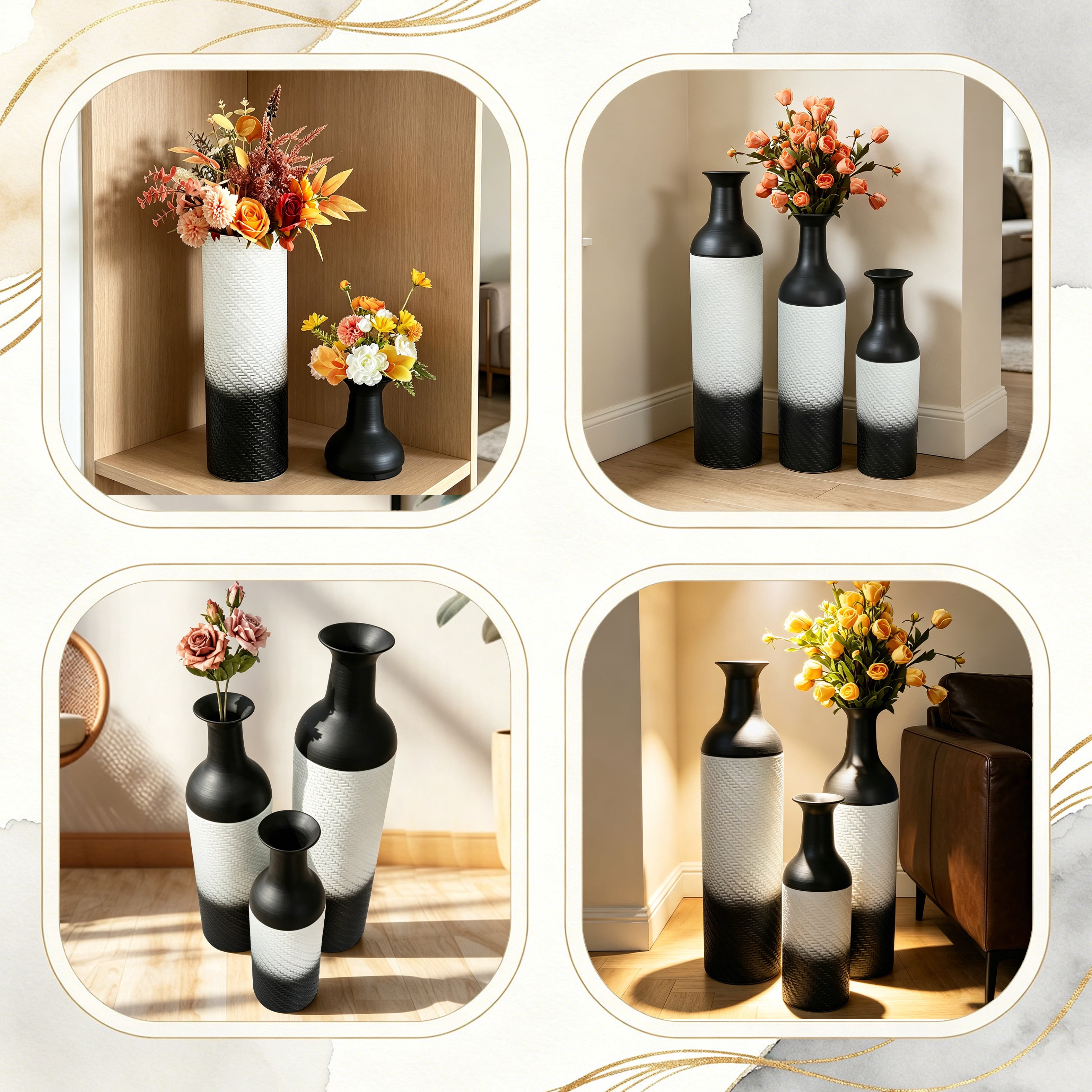 Metal Floor Vases Set of 3 with Leaf Pattern, Tall Decorative Vases and Home Decor Accents for Living Room Entryway, White and Black