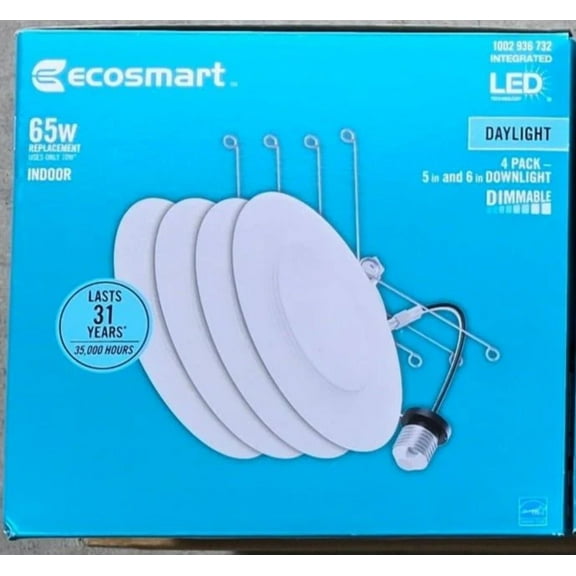 Ecosmart 4 Pack Daylight Integrated LED 6 in White Canless New Construction Remodel Dimmable Recessed Light Trim