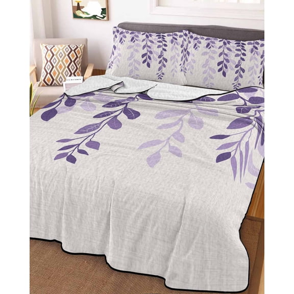Purple Ombre Botanical Full Size Down Alternative Comforter,Lightweight Comforter Quilt Bedding Set with Pillow Shams Watercolor Pastoral Leaf Farmhouse All Seasons Bed Comforter Duvet Insert 78"x90"