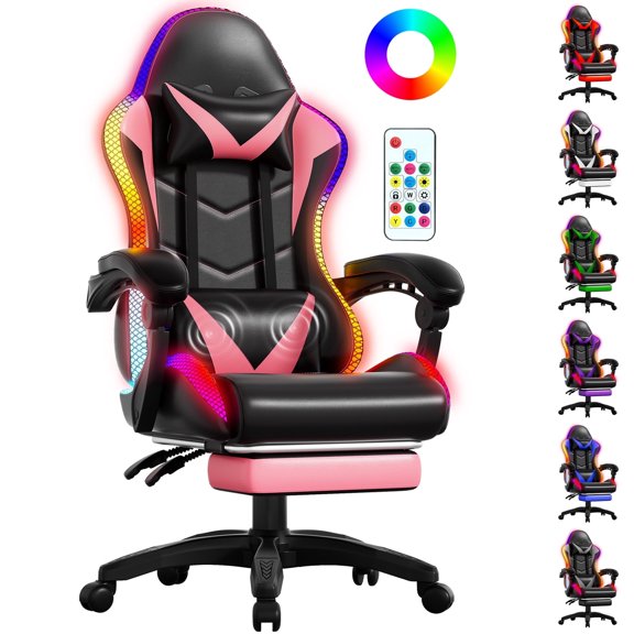 Czlolo Gaming Chair, Racing Style RGB LED Lights Gaming Chairs for Adults and Kids, Lumbar Massager Gamer Chair, High Back Reclining Computer Chair with Footrest and Headrest (Black/Pink)