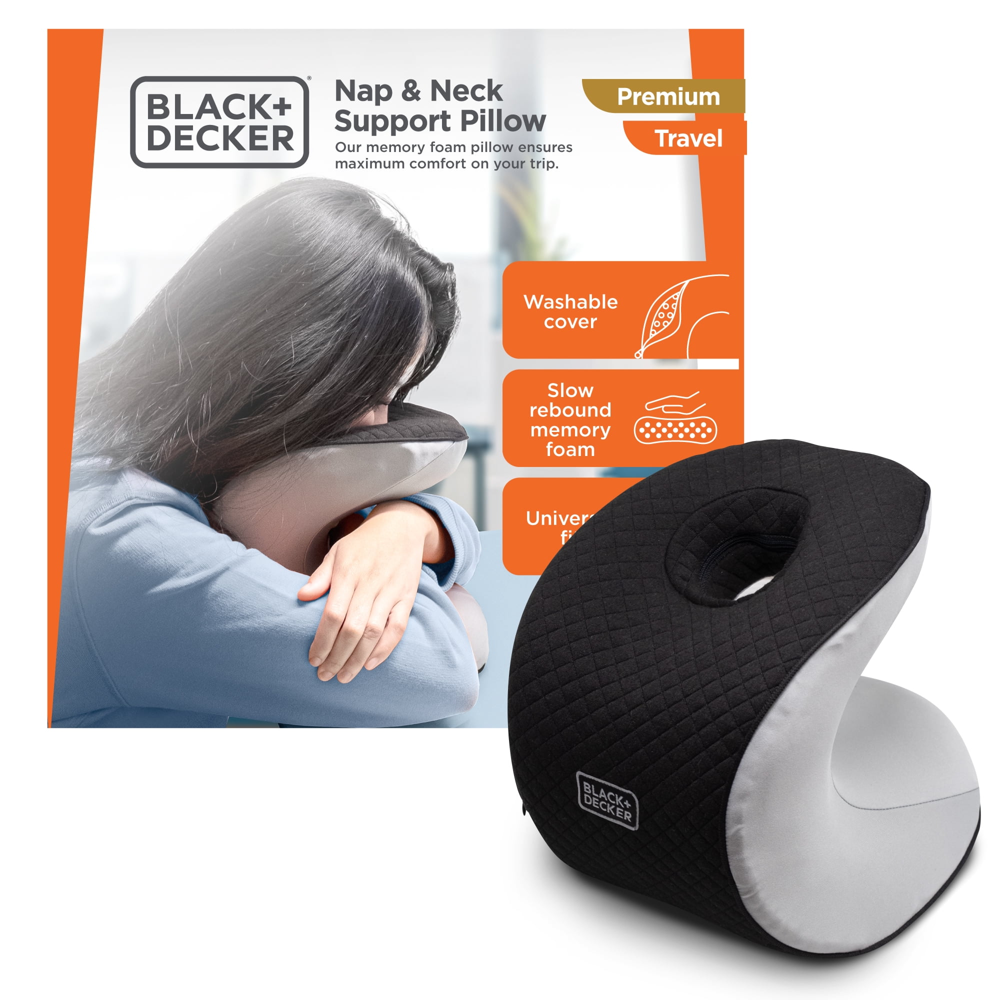 BLACK+DECKER Quilted Knit Nap and Cervical Neck Pillow, Memory Foam Travel Pillow, Black
