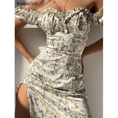 YMTQ Summer Floral Off Shoulder Puff Sleeve Maxi Dress For Woman Robe Sexy Lace Up Side Split Chic Mid-Calf Aesthetic Dress