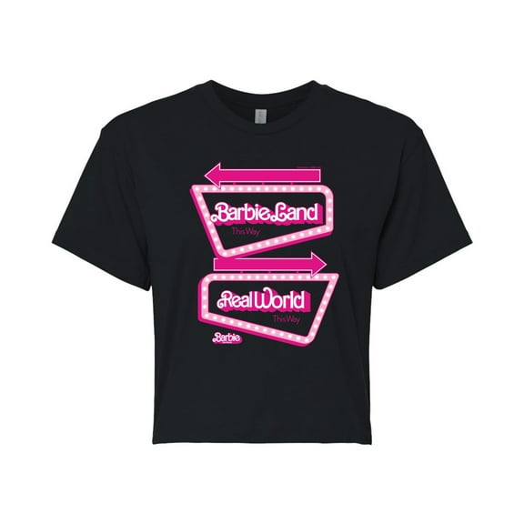 Barbie The Movie - Barbieland Real World This Way Signs - Juniors Cropped Cotton Blend T-Shirt