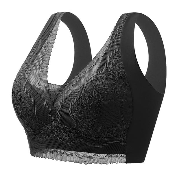 nsendm Female Underwear Adult Womens Padded Bras Women's V Neck Lace Fixed  Cup Wide Shoulder Anti Droop and Side Breast Sexy Pack of Bras for(Black