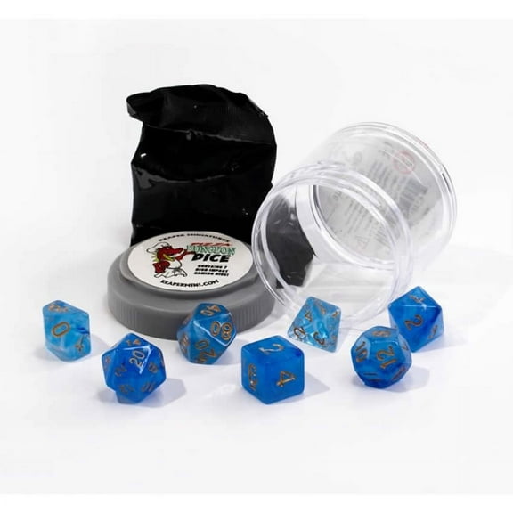 Gem Blue Lucky Dice Set 16mm (5/8 inch) Dungeon Dice with Random Miniature Included Reaper
